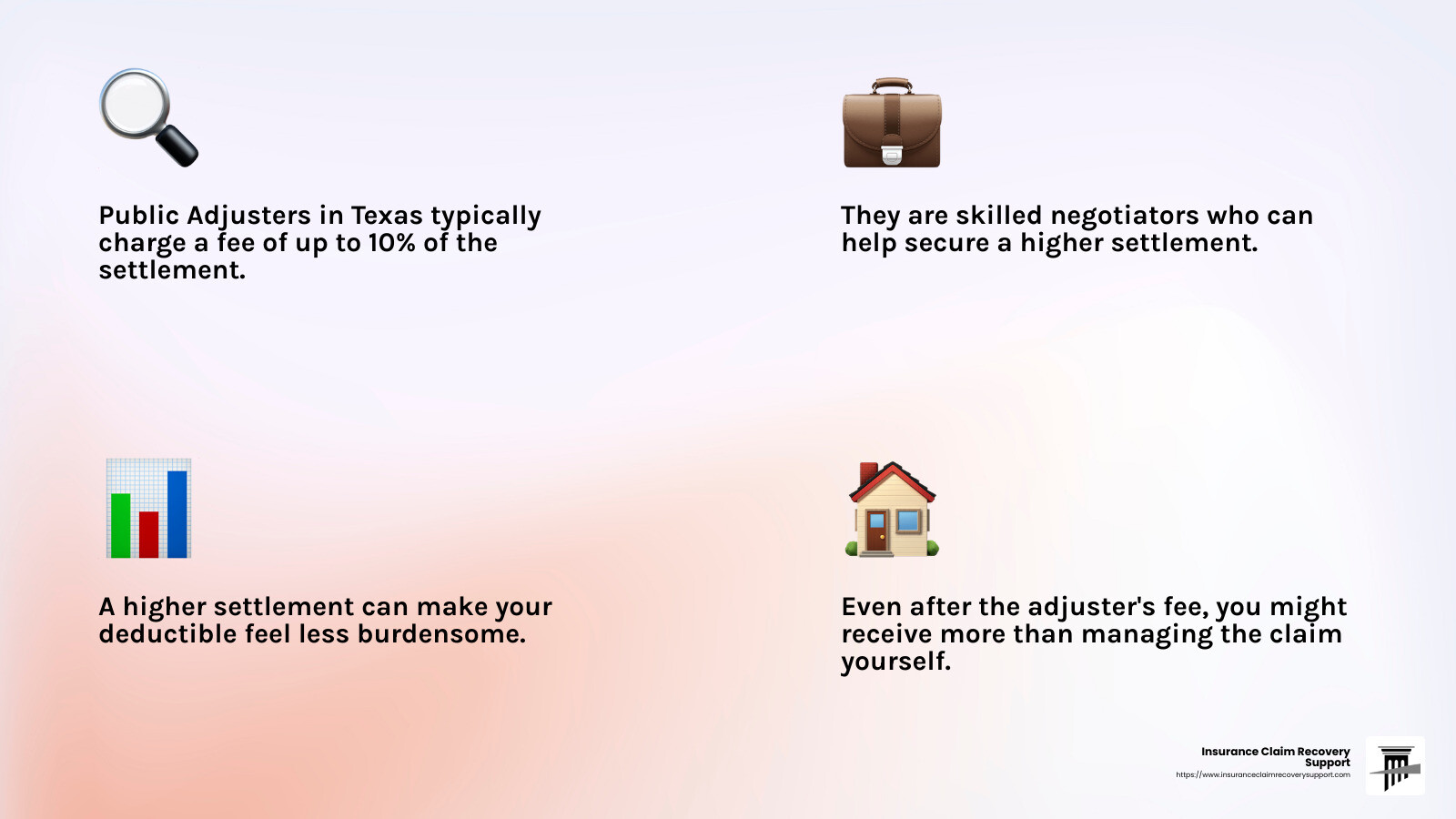 Public adjusters often secure settlements significantly higher than what homeowners might achieve on their own. - public insurance adjuster Texas infographic 4_facts_emoji_light-gradient