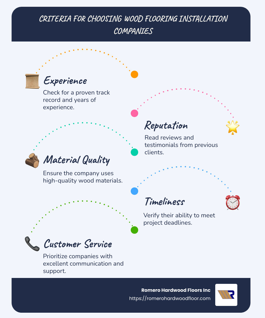 criteria for choosing wood flooring installation companies - wood flooring installation companies infographic infographic-line-5-steps-blues-accent_colors