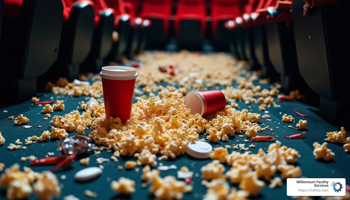 Trash and popcorn in a movie theater - movie theater usher cleaning up