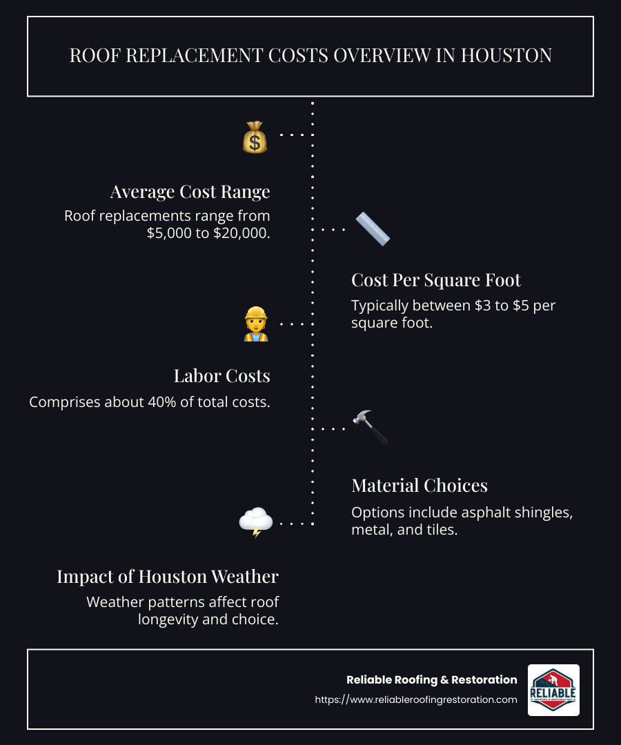 Infographic detailing average roof replacement costs in Houston by material type, including asphalt, metal, and tile, and illustrating labor versus material costs breakdown - roof replacement cost houston infographic infographic-line-5-steps-dark Infographic detailing average roof replacement costs in Houston by material type, including asphalt, metal, and tile, and illustrating labor versus material costs breakdown - roof replacement cost houston infographic infographic-line-5-steps-dark