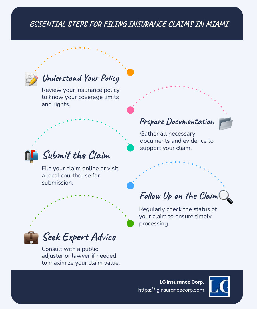 Infographic detailing Miami-Dade insurance claim essentials such as coverage types, common claim challenges, and tips for maximizing payouts - insurance claims miami infographic infographic-line-5-steps-blues-accent_colors