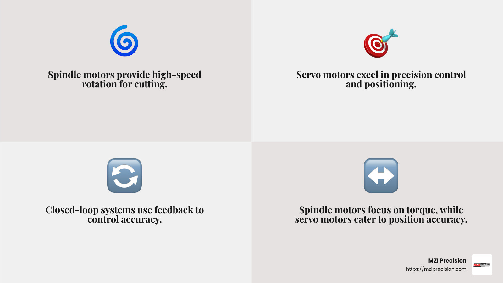 Servo vs. Spindle Motors - CNC spindle motor upgrade infographic 4_facts_emoji_grey