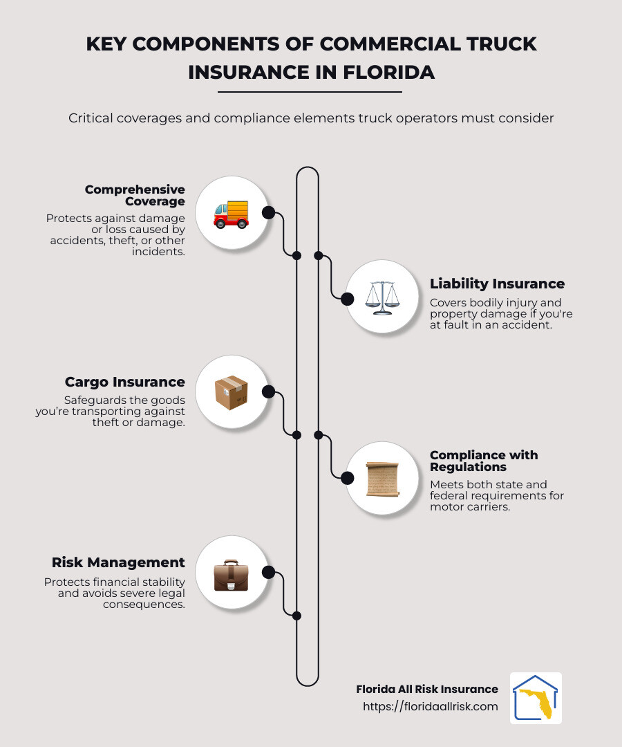 Infographic showing key components of commercial truck insurance: coverage types, cost factors, and compliance requirements - Commercial truck insurance Florida infographic infographic-line-5-steps-neat_beige Infographic showing key components of commercial truck insurance: coverage types, cost factors, and compliance requirements - Commercial truck insurance Florida infographic infographic-line-5-steps-neat_beige