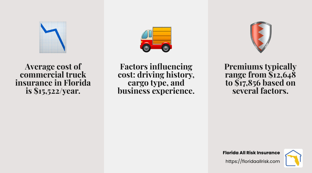 Average cost of commercial truck insurance in Florida: $15,522/year - Commercial truck insurance Florida infographic 3_facts_emoji_grey Average cost of commercial truck insurance in Florida: $15,522/year - Commercial truck insurance Florida infographic 3_facts_emoji_grey