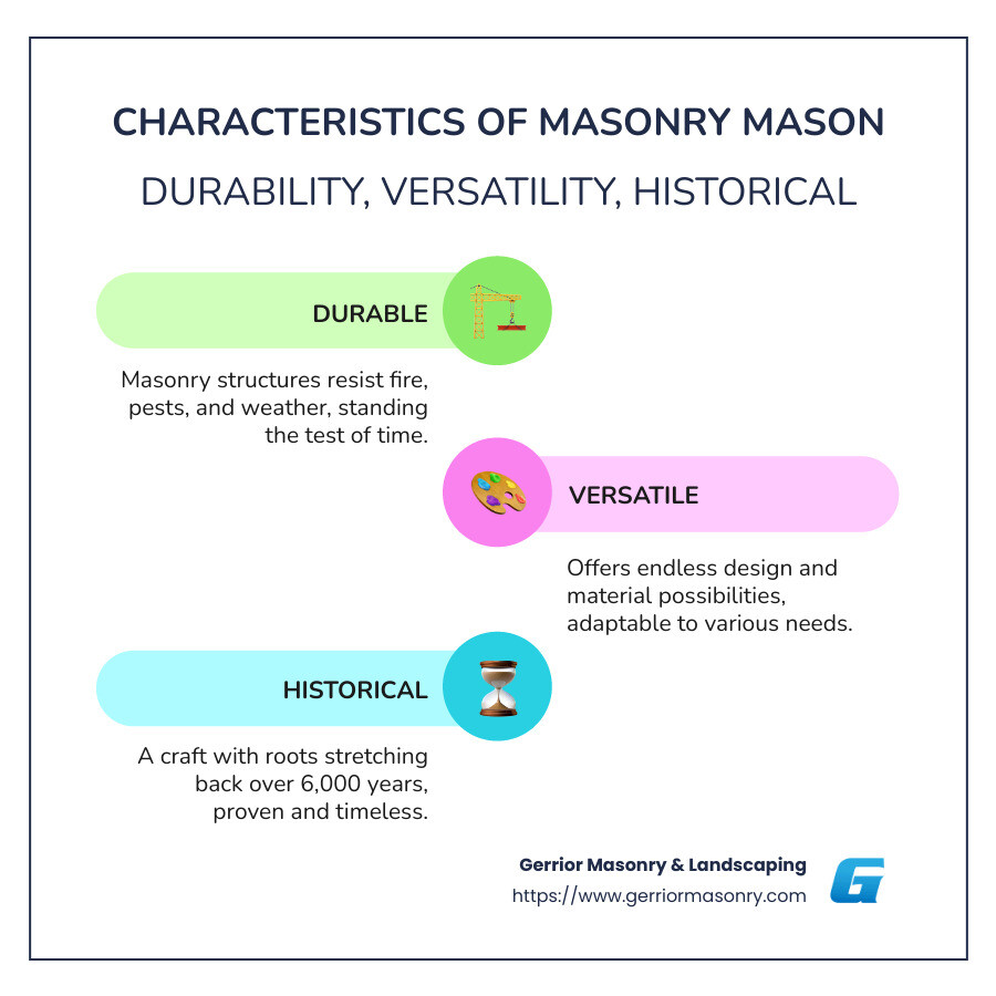 The Essential Guide to Understanding Masonry and Masons 2 Characteristics of masonry mason: durable, versatile, historical - masonry mason infographic infographic-line-3-steps-colors
