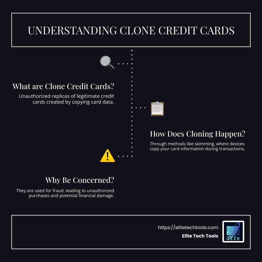 Infographic explaining what are clone credit cards and how they are created and used - clone credit cards infographic infographic-line-3-steps-dark