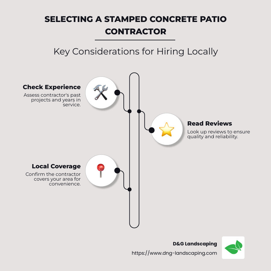 Key considerations for hiring a stamped concrete patio contractor: experience, service area, reviews, cost - stamped concrete patio contractor near me infographic infographic-line-3-steps-neat_beige