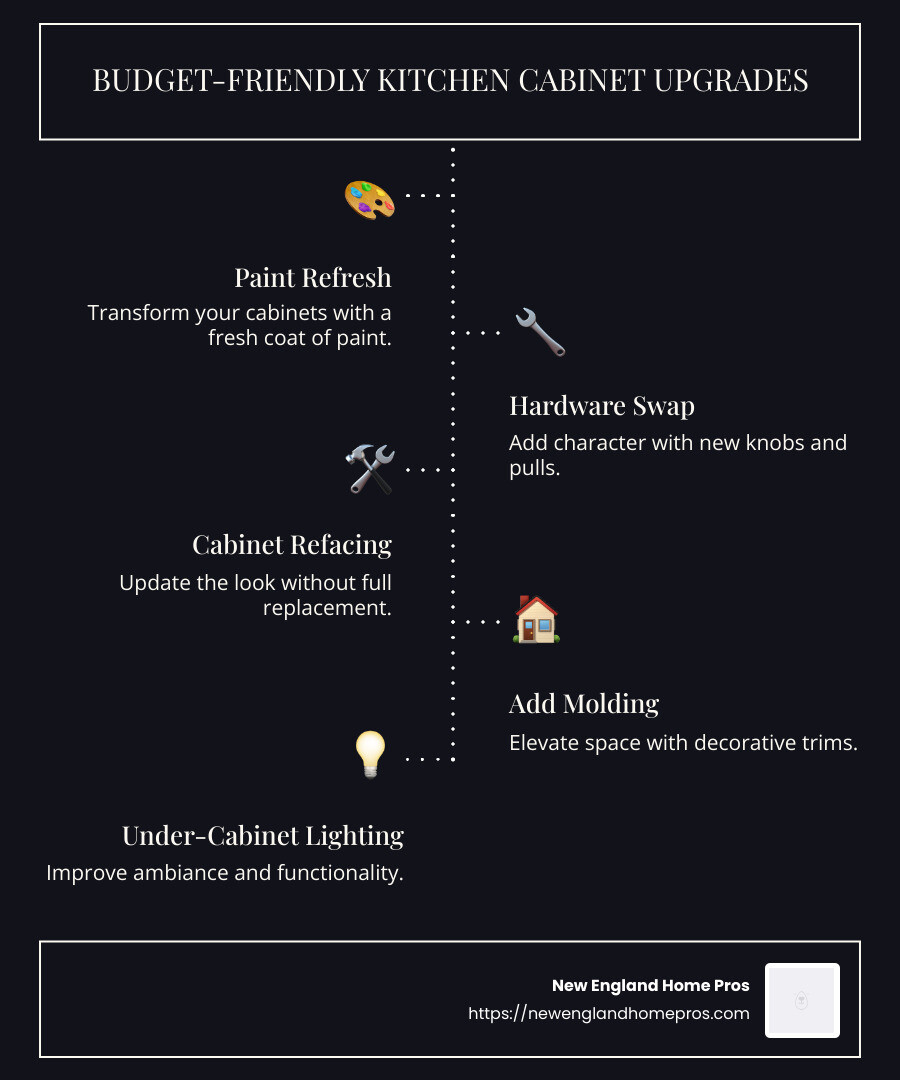 Infographic on budget-friendly cabinet upgrade solutions - upgrade kitchen cabinets infographic infographic-line-5-steps-dark