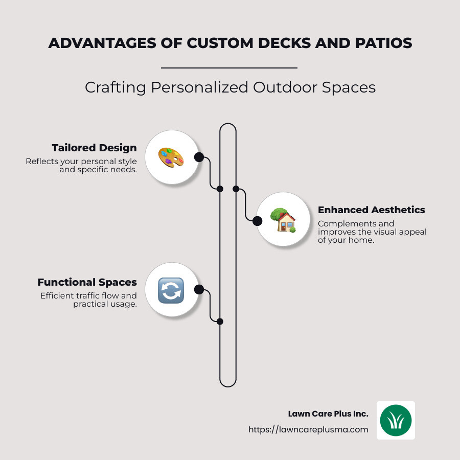 Custom deck and patio benefits with visuals depicting aesthetic appeal, improved property value, and custom designs - custom decks and patios infographic infographic-line-3-steps-neat_beige