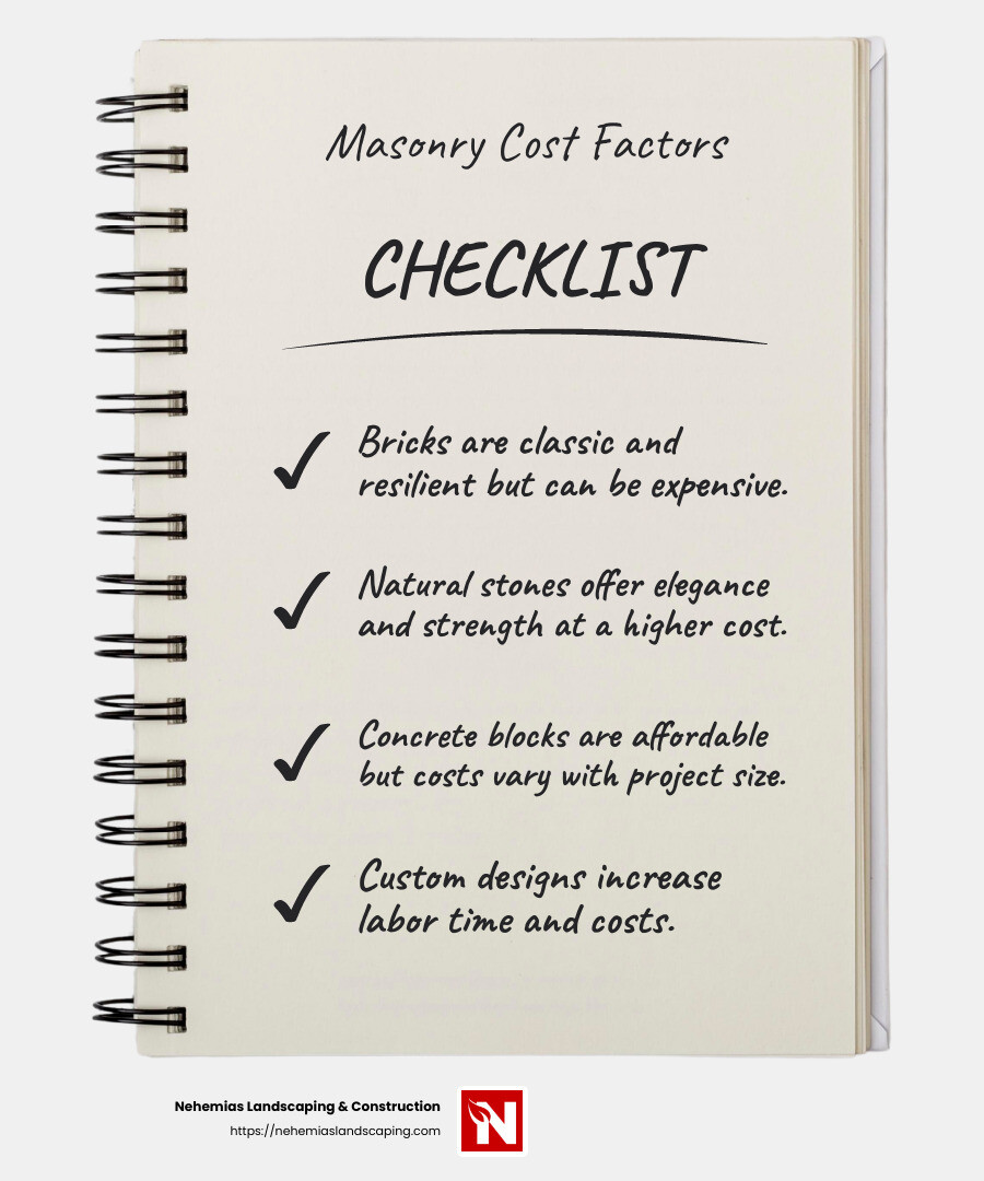 Materials cost can be a significant factor in masonry expenses. - masonry contractors near me infographic checklist-notebook