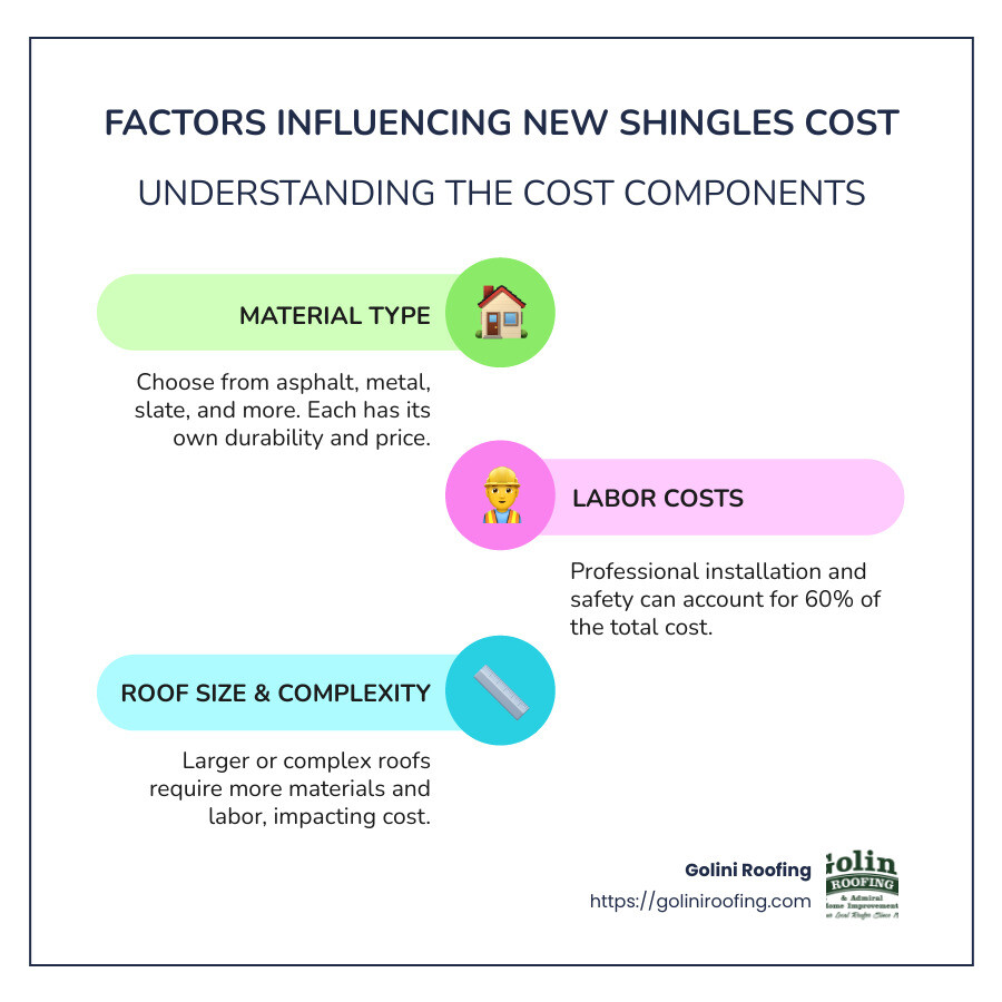 Infographic detailing the cost range and factors affecting new shingles cost, such as material type, roof size, and labor - new shingles cost infographic infographic-line-3-steps-colors