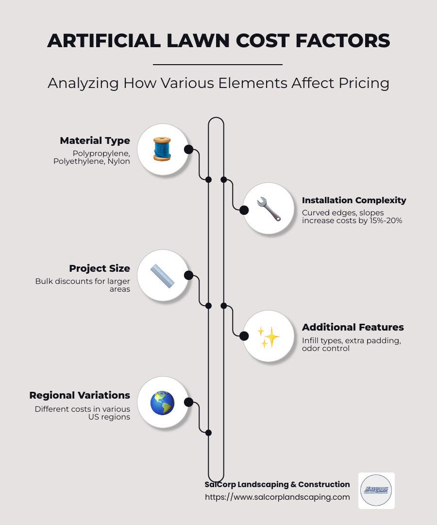 Artificial lawn cost per square metre infographic: includes cost range from $59 to $217, factors like material types, sizing, curves/slopes, and labor expenses - artificial lawn cost per square metre infographic infographic-line-5-steps-neat_beige