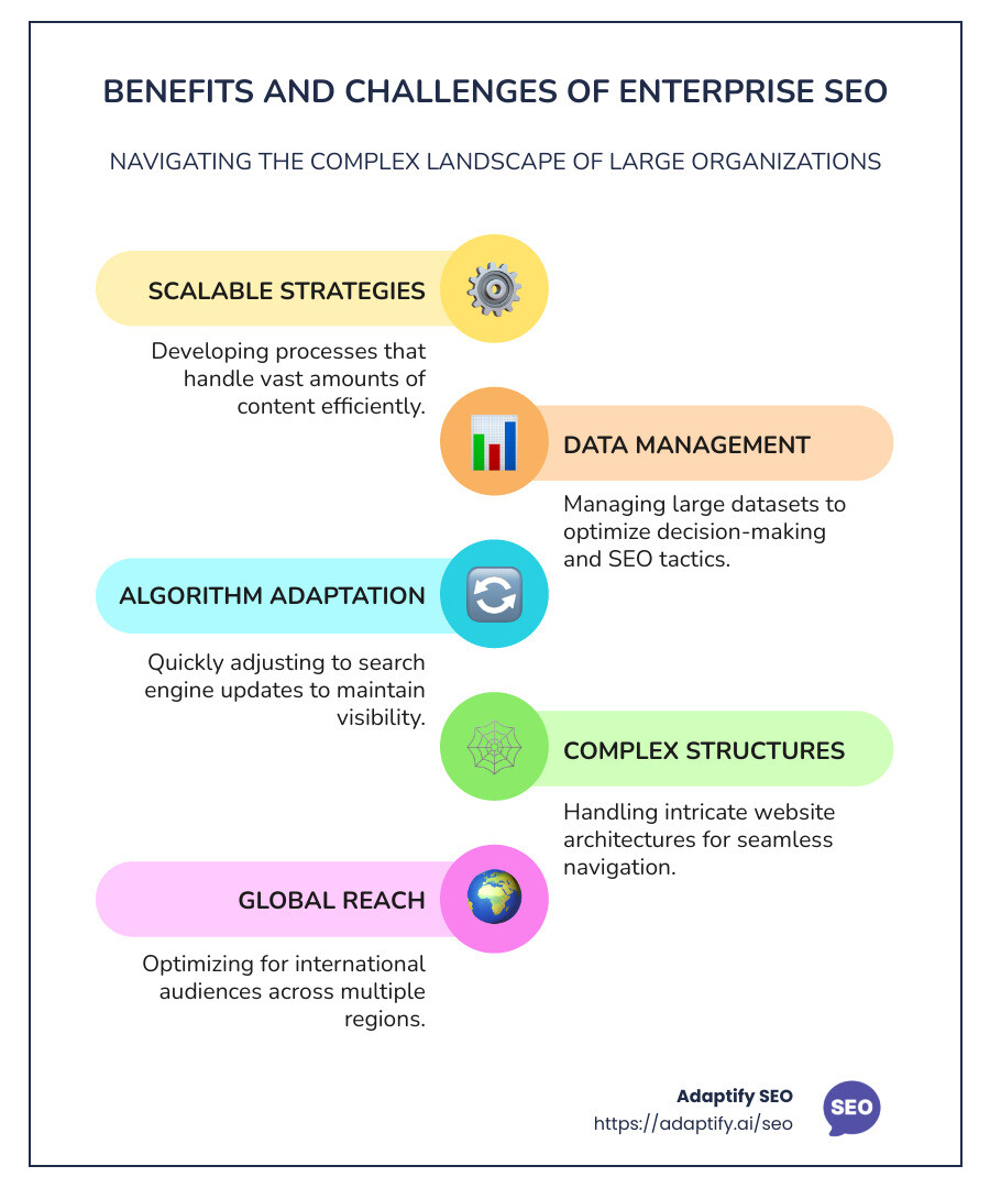 Infographic illustrating key benefits and challenges of enterprise SEO for large organizations - enterprise seo infographic infographic-line-5-steps-colors