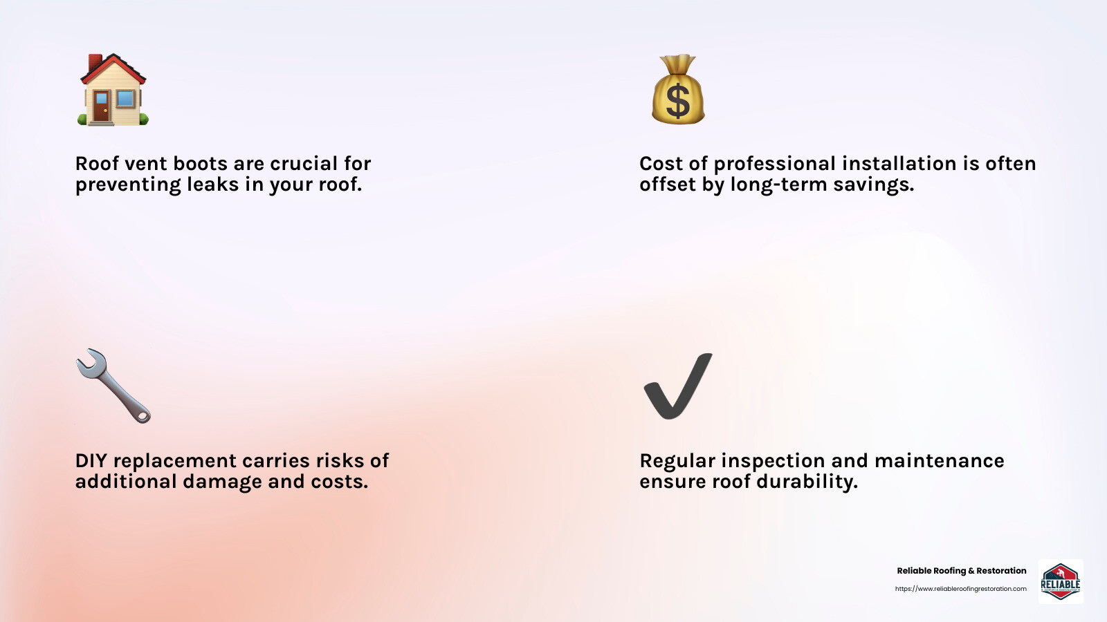 Reliable Roofing & Restoration offers expert services for roof maintenance and repair. - What Does It Cost to Replace a Roof Vent Boot infographic 4_facts_emoji_light-gradient Reliable Roofing & Restoration offers expert services for roof maintenance and repair. - What Does It Cost to Replace a Roof Vent Boot infographic 4_facts_emoji_light-gradient