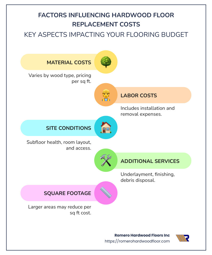 Infographic describing average costs to replace hardwood floors with ranges and influencing factors - cost to replace hardwood floors infographic infographic-line-5-steps-colors