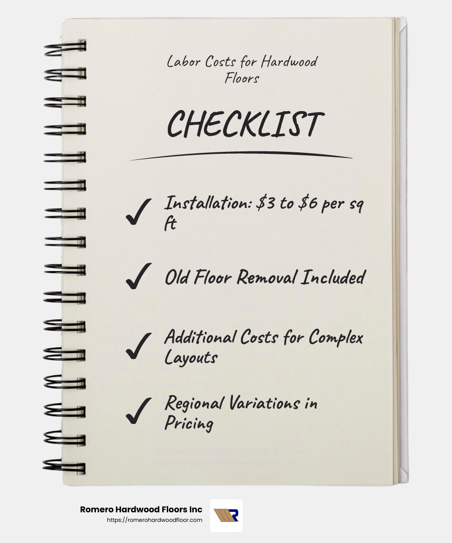 Average labor costs for hardwood floor installation - cost to replace hardwood floors infographic checklist-notebook