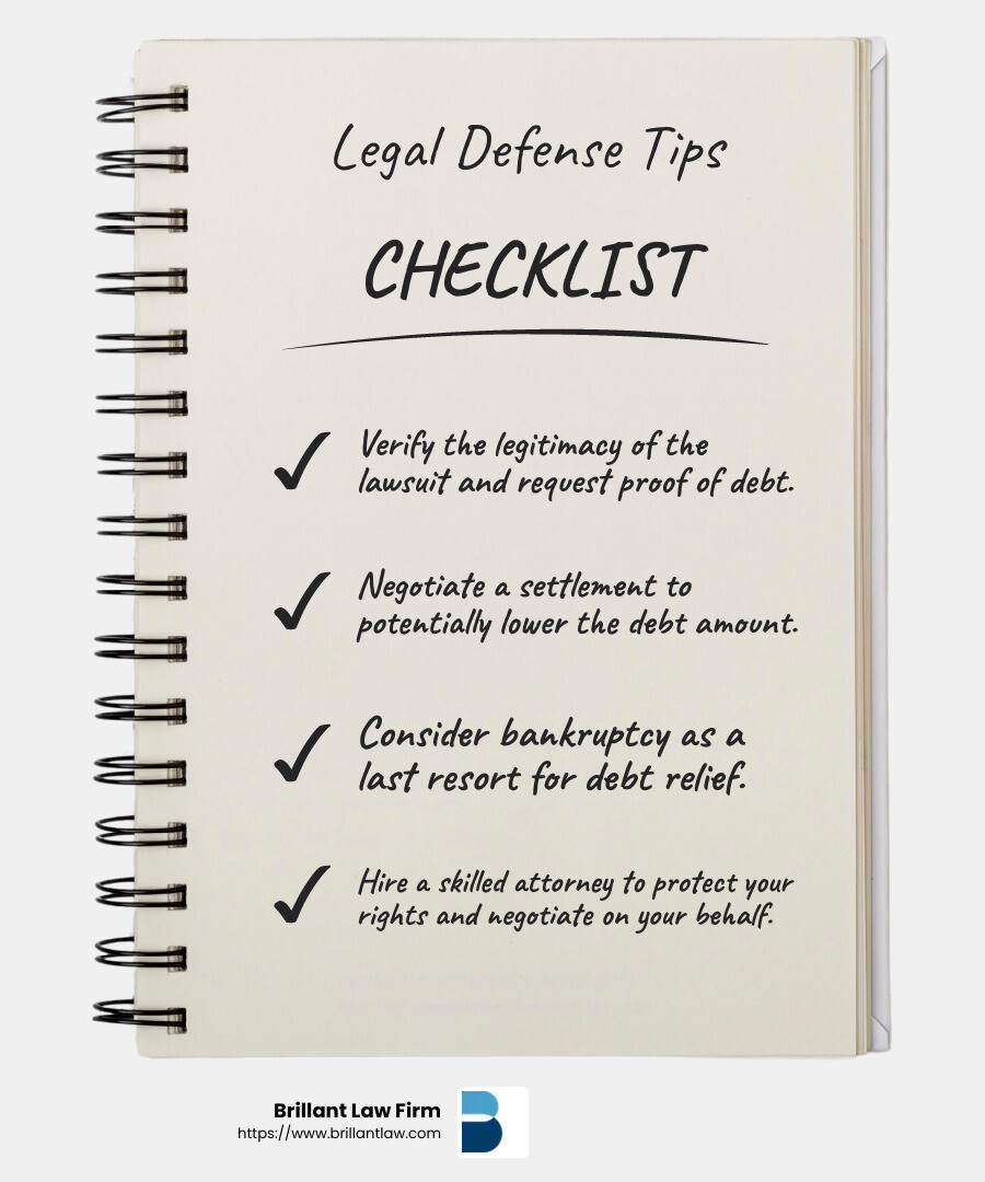 2b03723697263355b69acf0f005a4e9f44dce32c Navigating Debt Lawsuits: Finding Local Legal Help Navigate debt lawsuits effectively. Find a skilled debt lawsuit attorney near me for expert defense and favorable outcomes. Legal representation can significantly improve your chances of a favorable outcome. - debt lawsuit attorney near me infographic checklist-notebook