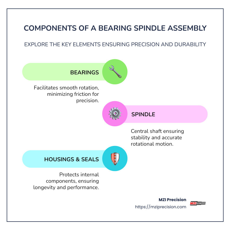 Infographic illustrating various components of a bearing spindle assembly, including detailed labels and descriptions of each part's function within the assembly. - bearing spindle assembly infographic infographic-line-3-steps-colors