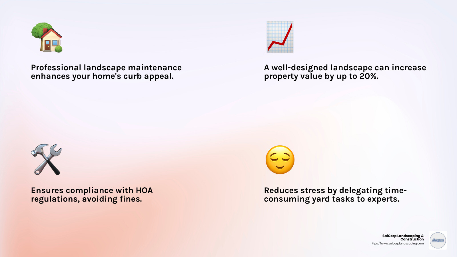 Professional landscape maintenance improves curb appeal and property value while ensuring HOA compliance. - residential landscape maintenance services near me infographic 4_facts_emoji_light-gradient