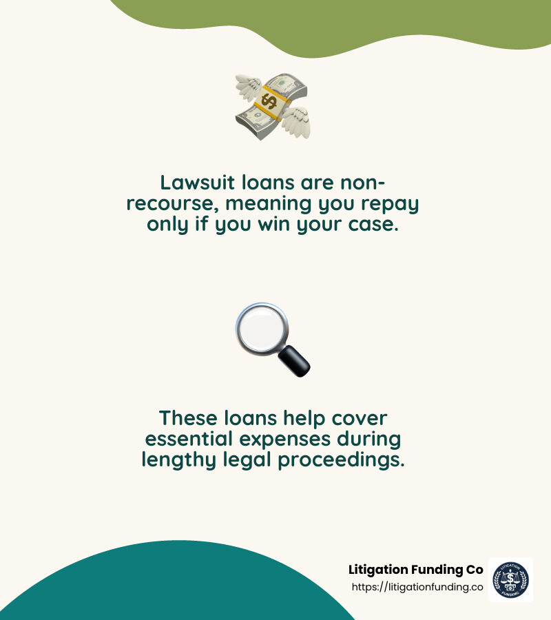 Non-recourse loans offer peace of mind, as repayment is only required if you win your case. - lawsuit money lenders infographic 2_facts_emoji_nature