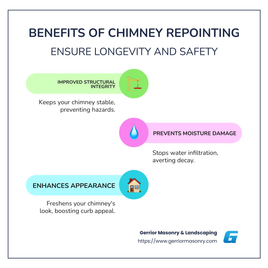 Table listing "Benefits of Chimney Repointing" focusing on "Improved Structural Integrity," "Moisture Prevention," and "Aesthetic Improvement." - chimney repointing near me infographic infographic-line-3-steps-colors