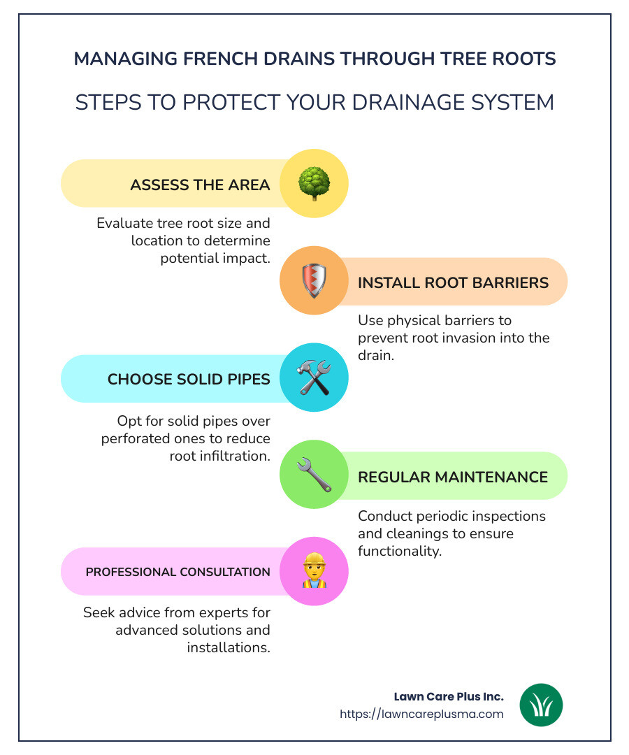 Diagram of French drain installation with root barriers and solid pipes - french drain through tree roots infographic infographic-line-5-steps-colors