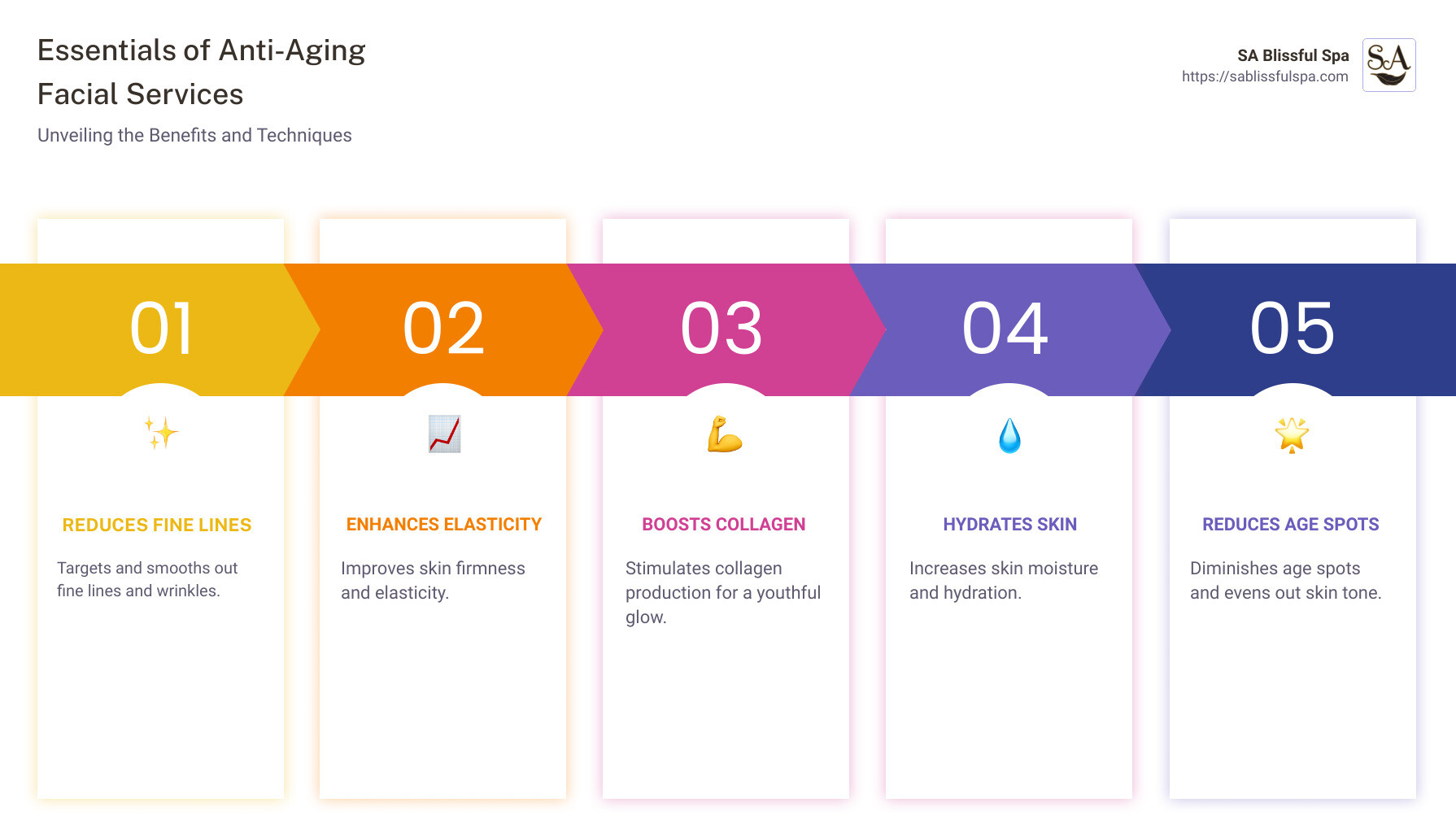 Overview of anti-aging facial benefits and services - Anti-aging facial services infographic pillar-5-steps