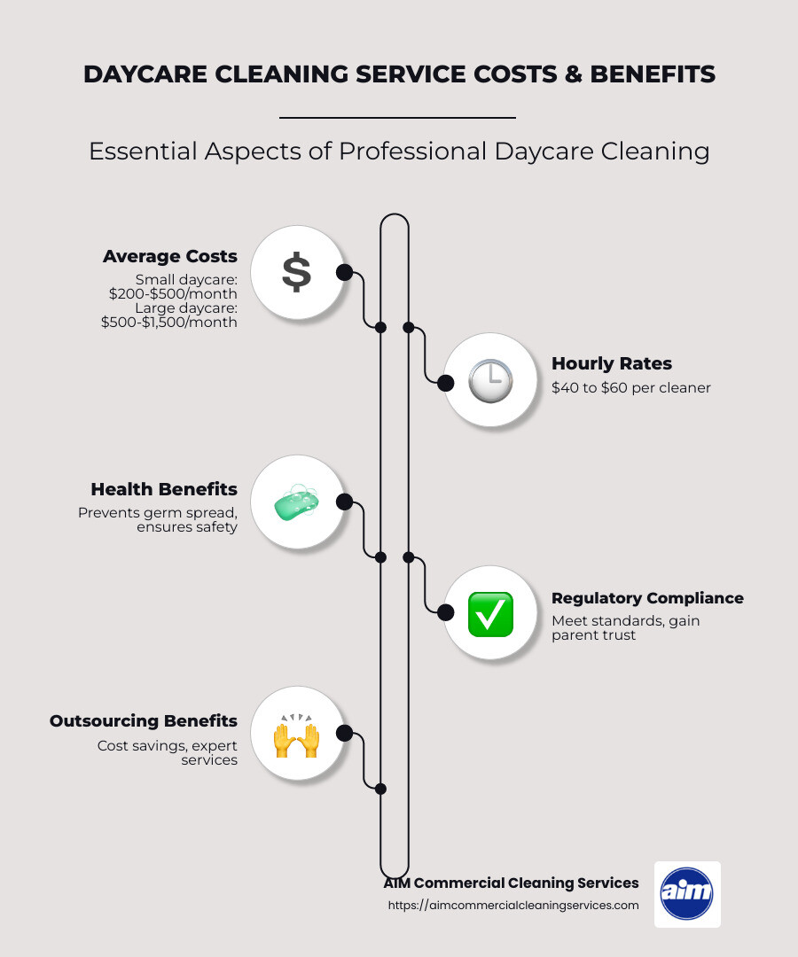 Infographic detailing daycare cleaning service costs and benefits, showing average monthly costs for small and large facilities, typical hourly rates for cleaning staff, and benefits such as improved health, peace of mind for parents, and adherence to regulatory standards - daycare cleaning service cost infographic infographic-line-5-steps-neat_beige