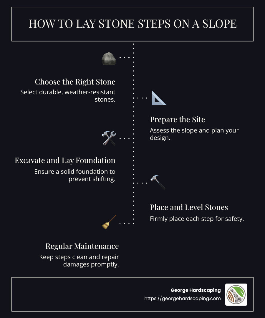 infographic of steps to lay stone steps on slope including choosing stone, site preparation, excavation, stone placement, and maintenance - how to lay stone steps on slope infographic infographic-line-5-steps-dark