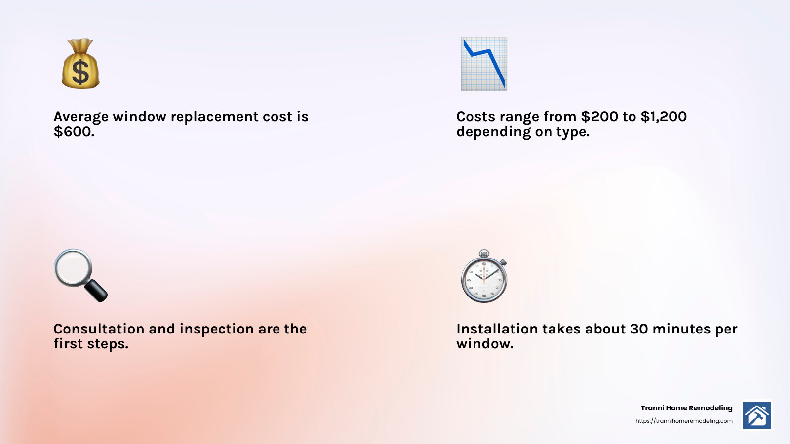 Average window replacement cost: $600, ranging from $200 to $1,200 - replace window near me infographic 4_facts_emoji_light-gradient