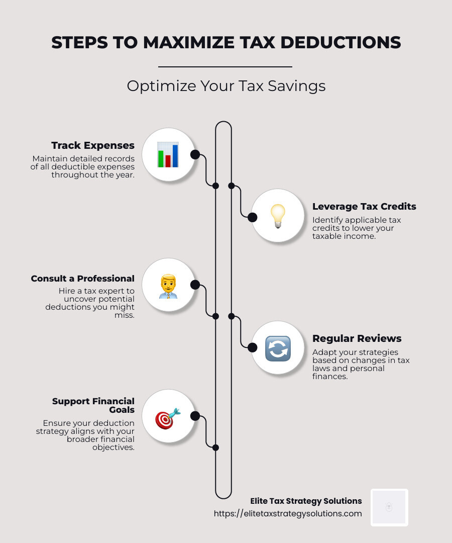 Detailed infographic showing steps to maximize tax deductions through recording, consulting, and updating strategies. - deduction optimization infographic infographic-line-5-steps-neat_beige
