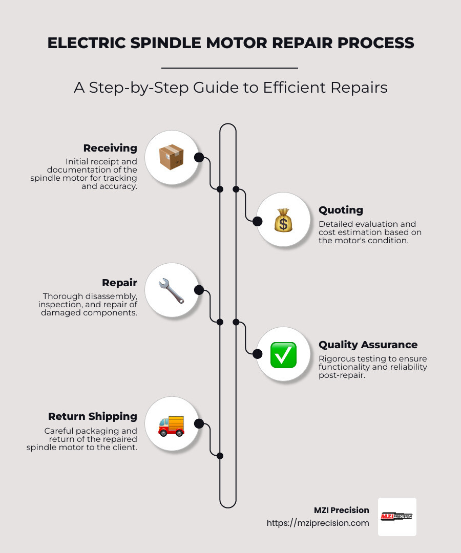 Infographic showing the process of electric spindle motor repair, including steps like receiving, quoting, repair, quality assurance, and return shipping in a clear, step-by-step format - Electric spindle motor repair infographic infographic-line-5-steps-neat_beige