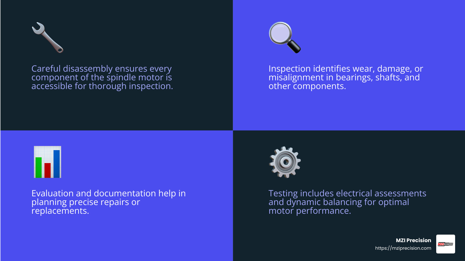 Dreisilker's high precision and close tolerance repair often returns motors back to like-new condition. - Electric spindle motor repair infographic 4_facts_emoji_blue