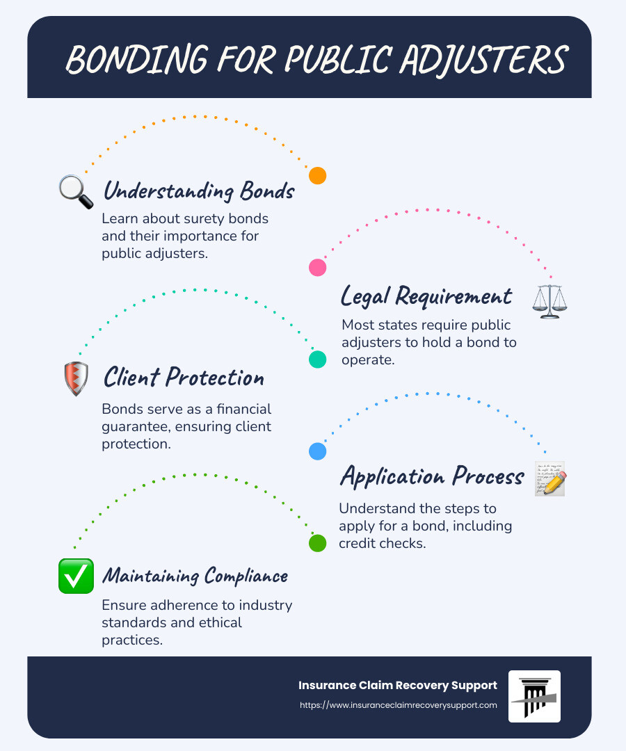 Understanding bonding for public adjusters, which provides a financial guarantee ensuring compliance and client protection - bonding for public adjusters infographic infographic-line-5-steps-blues-accent_colors