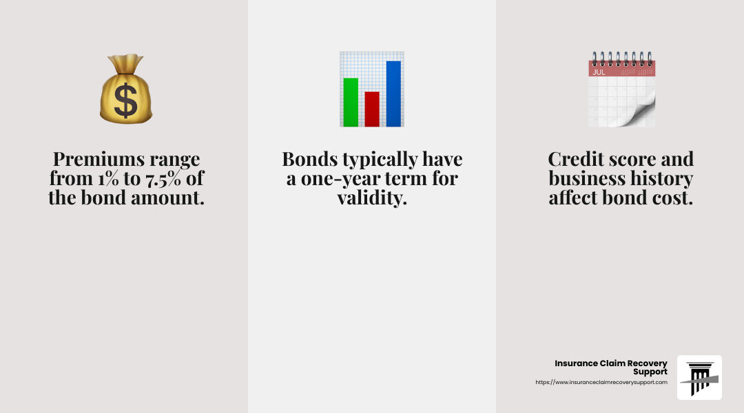 Premiums range from 1% to 7.5% of the bond amount, depending on credit and business history. - bonding for public adjusters infographic 3_facts_emoji_grey