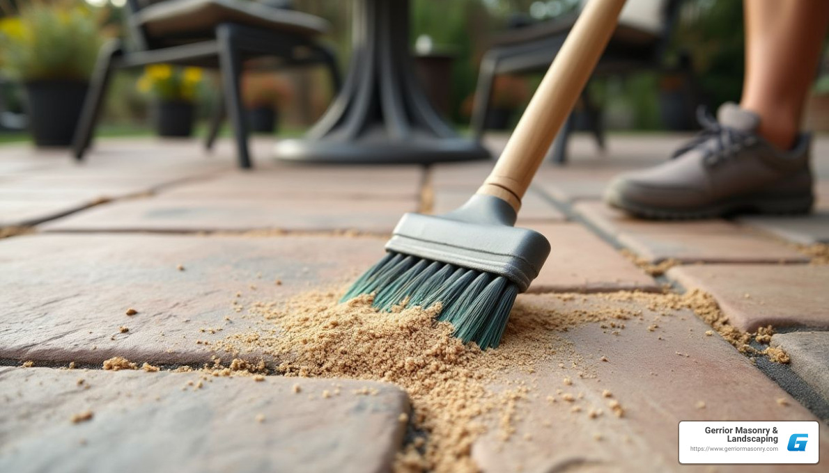 Polymeric sand being swept into paver joints - pavers patios