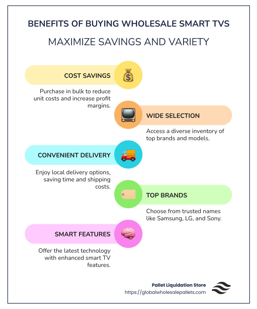Infographic showing benefits of wholesale smart TVs: cost savings, top brands available, local delivery options - Wholesale Smart TV’S Near Me infographic infographic-line-5-steps-colors