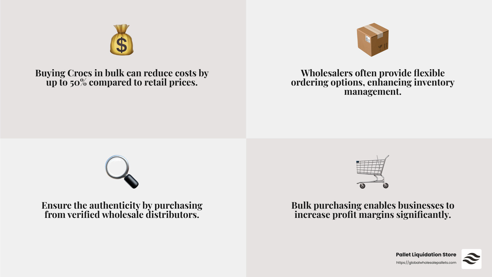 Cost savings from bulk buying - buy crocs in bulk infographic 4_facts_emoji_grey