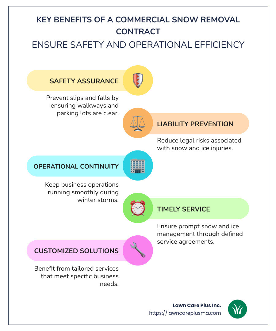 Infographic showing key components and benefits of a commercial snow removal contract, including safety, liability prevention, and operational efficiency - commercial snow removal contract infographic infographic-line-5-steps-colors
