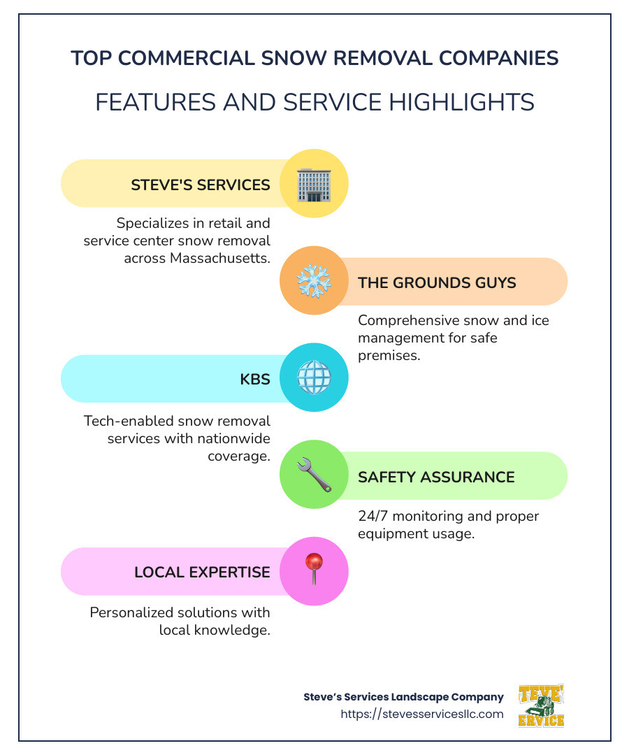 Comprehensive infographic detailing top commercial snow removal companies, their locations, and services offered with easy-to-understand icons and a clear layout - commercial snow removal companies near me infographic infographic-line-5-steps-colors