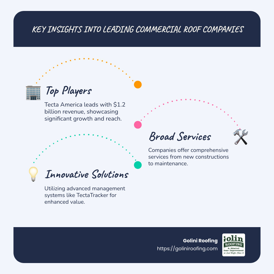 Overview of leading commercial roof companies, highlighting Tecta America's revenue growth and service offerings - commercial roof companies infographic infographic-line-3-steps-blues-accent_colors
