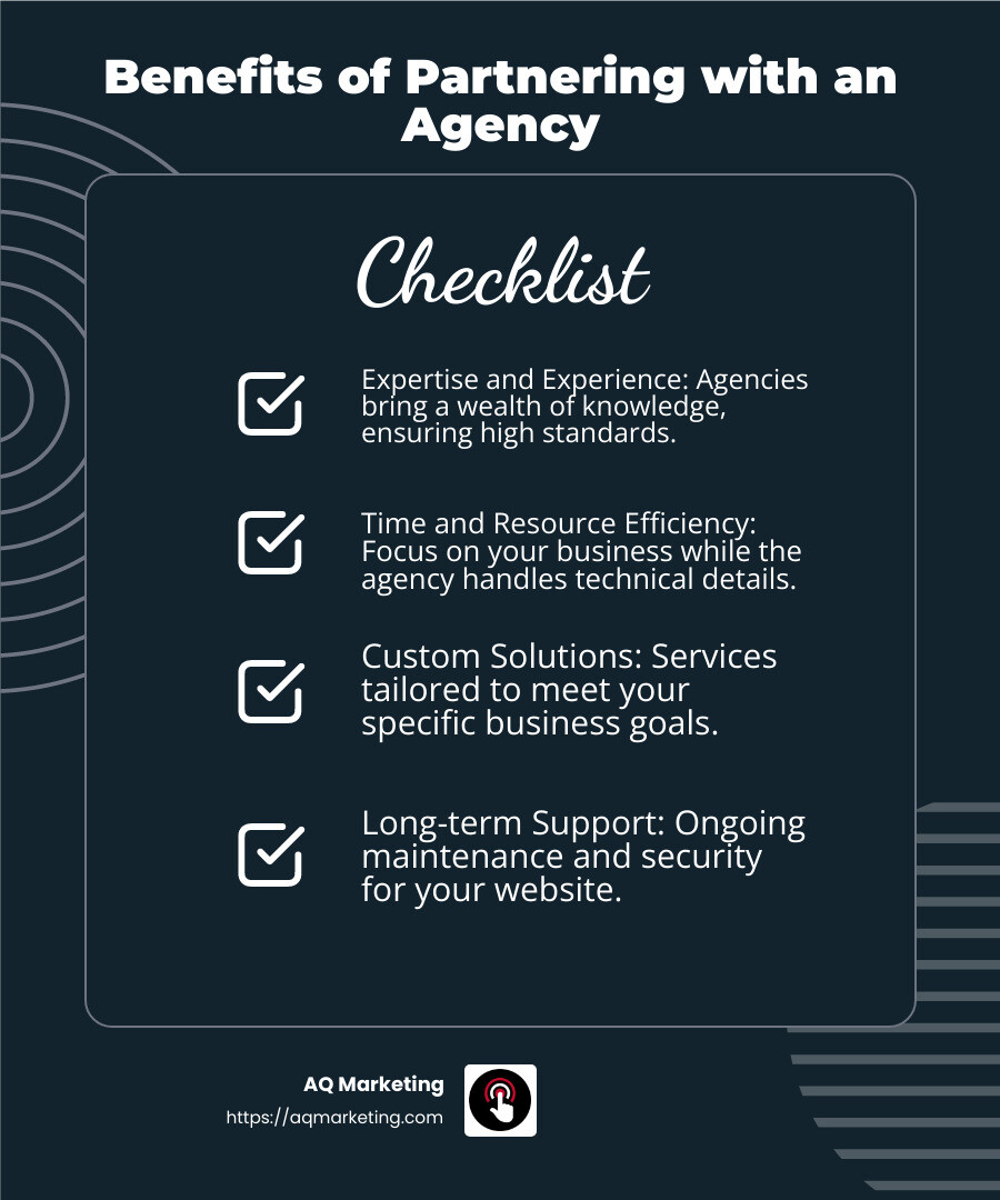 Agencies bring expertise and custom solutions to your business - website development agency infographic checklist-dark-blue