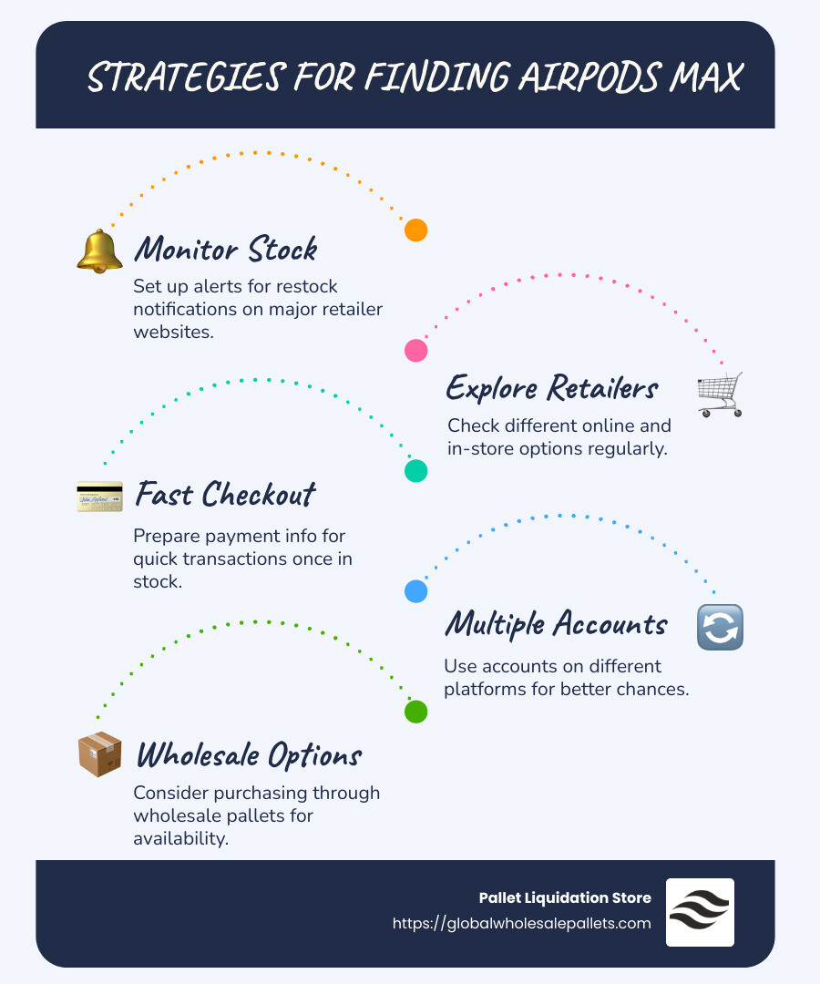 Strategies for Finding AirPods Max - Apple AirPods Max stock infographic infographic-line-5-steps-blues-accent_colors