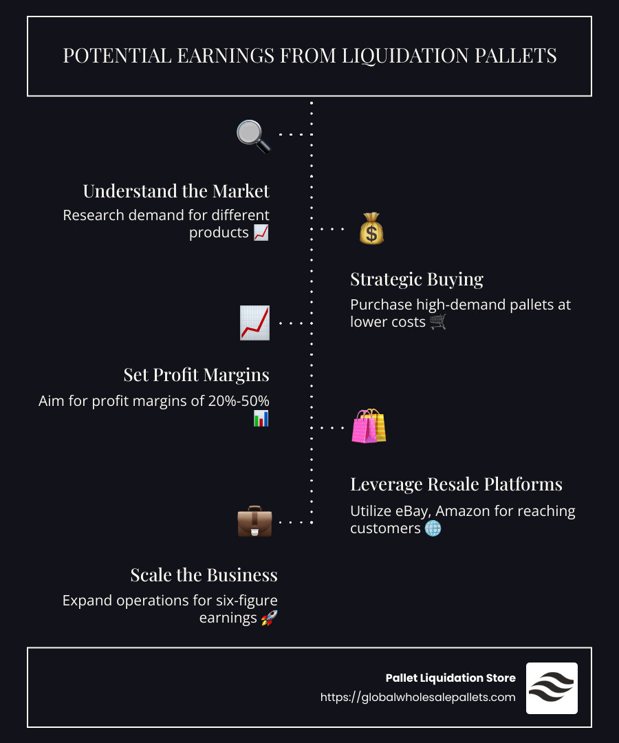 Potential Earnings Breakdown from Liquidation Pallets: Percentage Profit, Monthly Earnings for Side Hustles, Annual Earnings for Top Sellers - how much can you make selling liquidation pallets infographic infographic-line-5-steps-dark