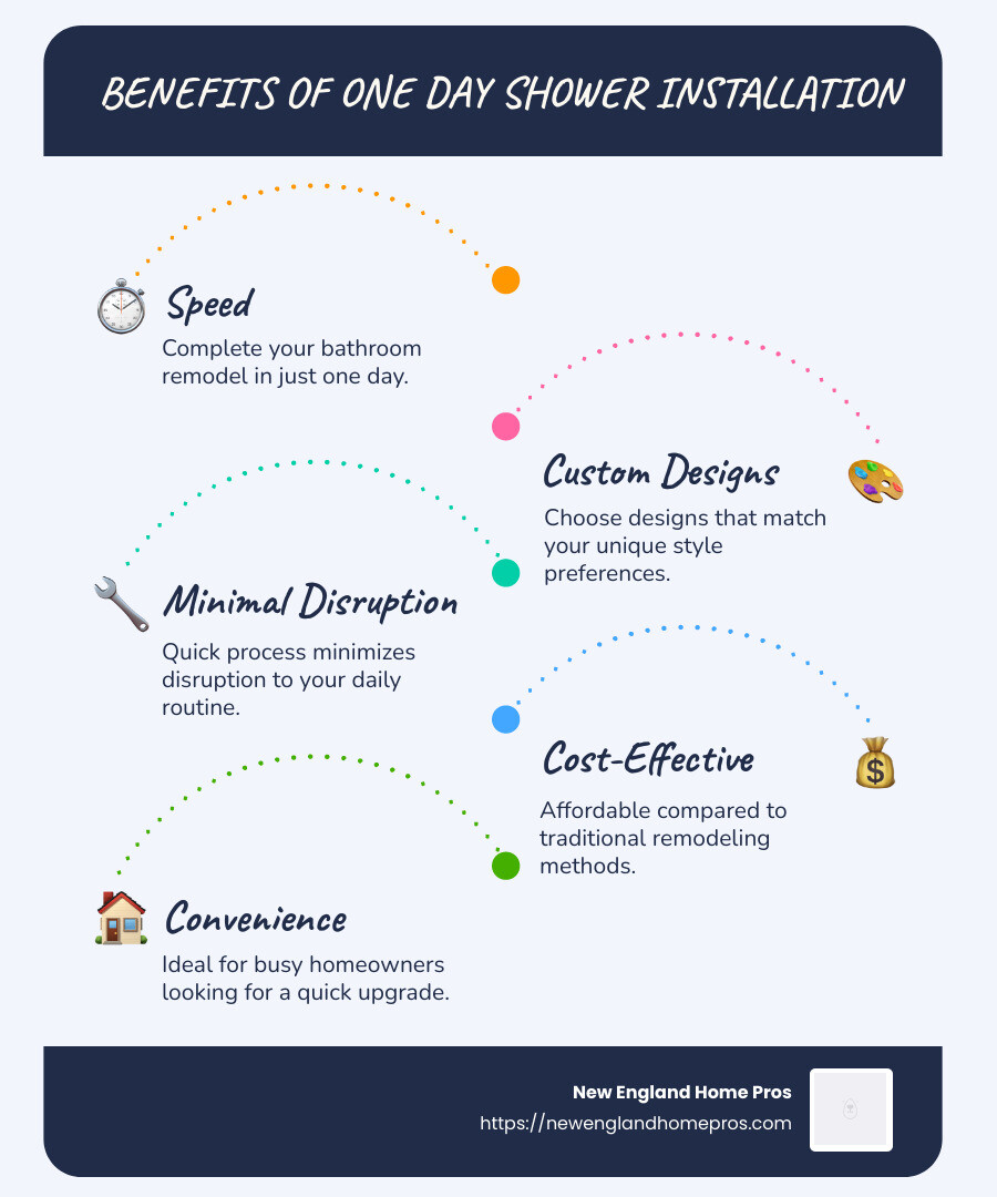 Infographic showing the benefits of one day shower installation, including speed, custom design options, minimal disruption, and cost-effectiveness. - one day shower installation infographic infographic-line-5-steps-blues-accent_colors