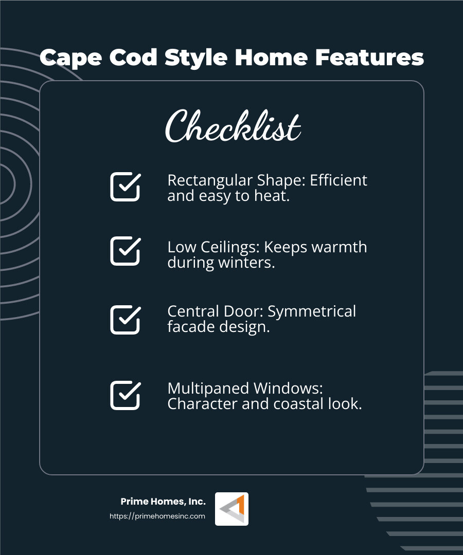 Cape Cod Style Home Features - what defines a cape cod style home infographic checklist-dark-blue
