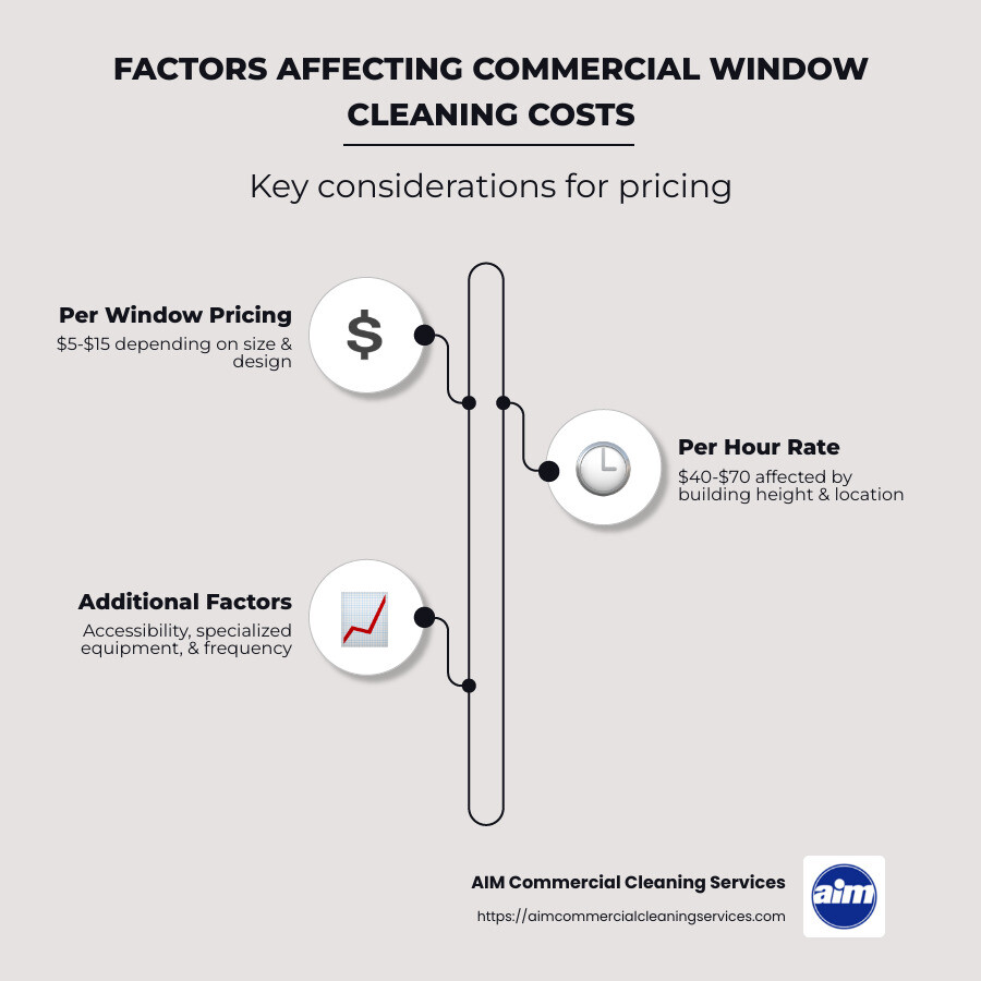 Infographic describing cost factors for commercial window cleaning, including per window, per pane, and per square foot pricing, along with additional charges for specialized equipment and frequency of cleaning - cost to clean commercial windows infographic infographic-line-3-steps-neat_beige