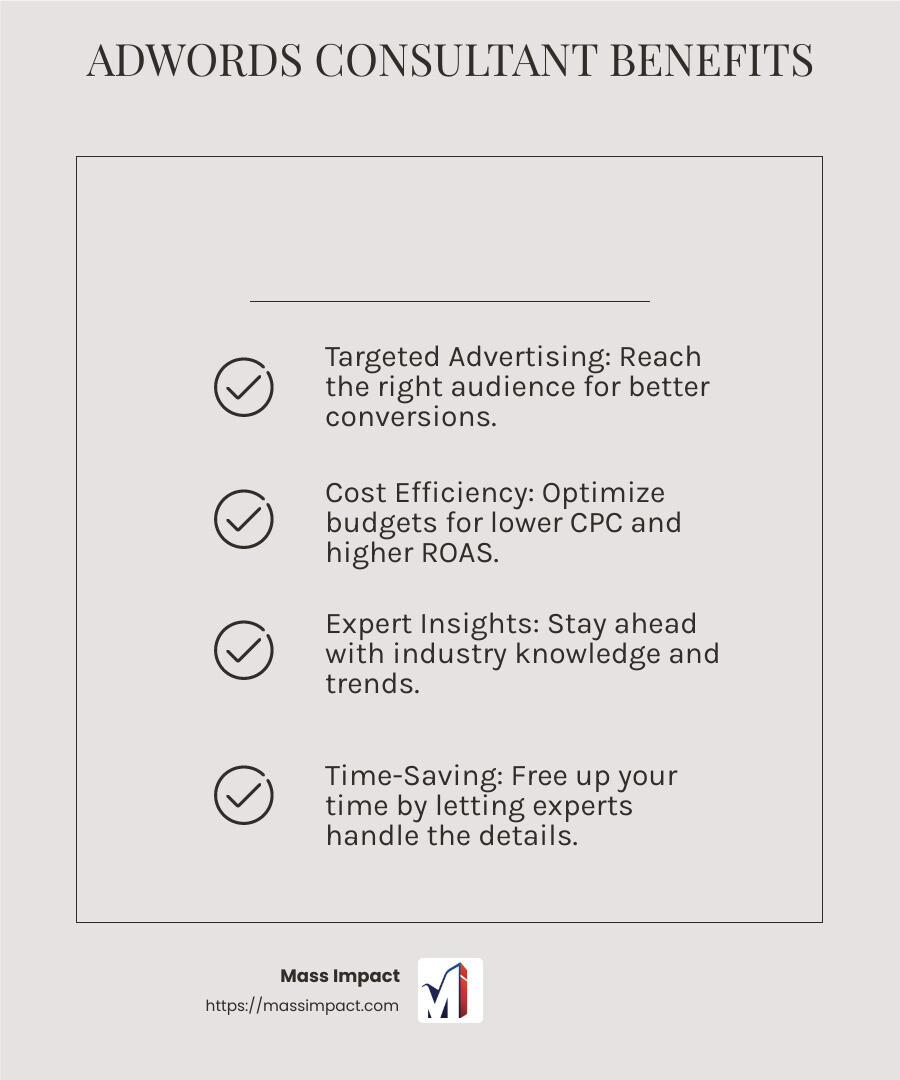AdWords Consultant Benefits - adwords consulting services infographic checklist-light-beige