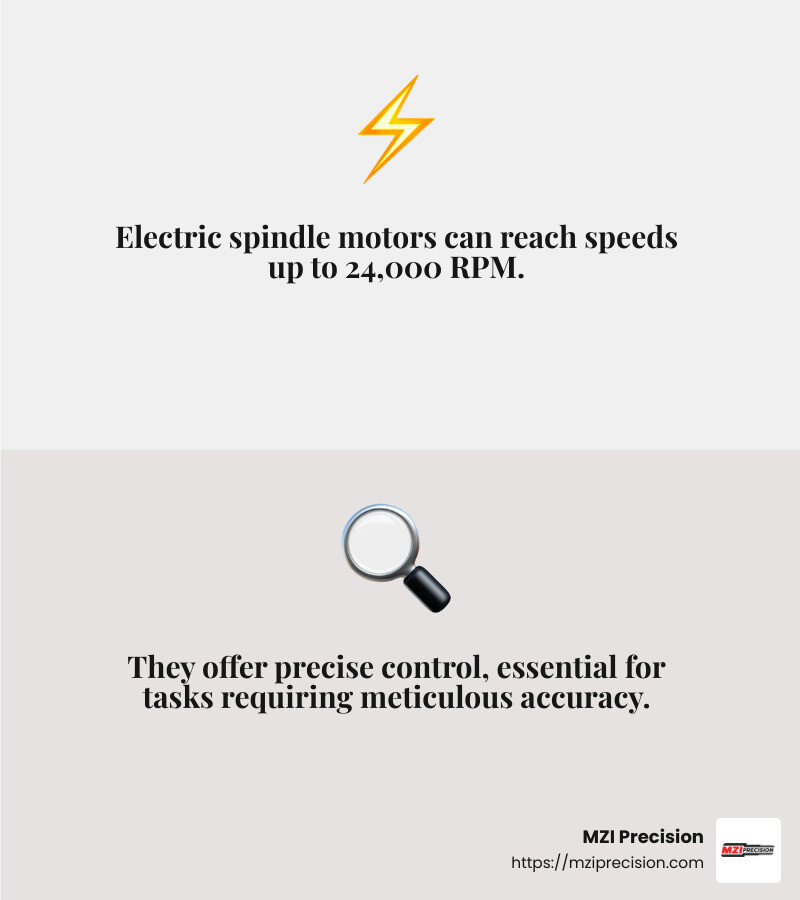 High-speed rotation and precision control are key features of electric spindle motors. - electric spindle motor infographic 2_facts_emoji_grey