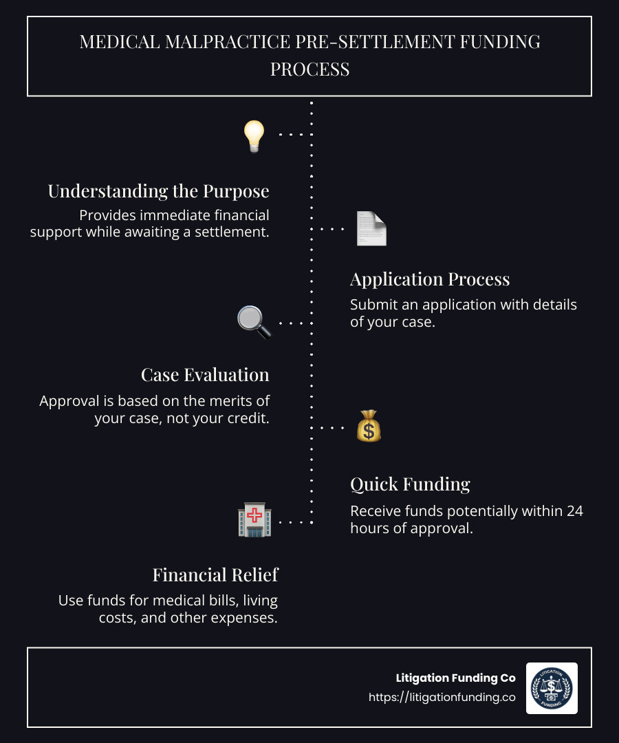 Detailed infographic showing the process and benefits of medical malpractice pre-settlement funding, including timelines, types of expenses covered, and application steps - medical malpractice pre settlement funding infographic infographic-line-5-steps-dark
